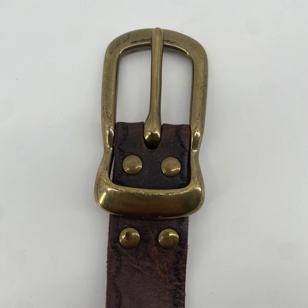 Jean Shop Leather Belt Mens L Brown Brass Buckle Distressed Scalloped Embossed